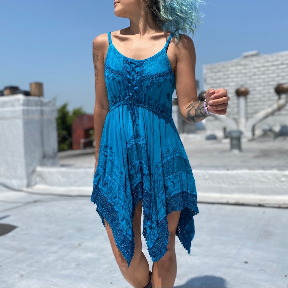 Blue lace up hippie dress